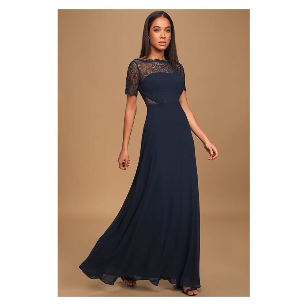 Lulu's Blue Short Sleeve Crew Neck Maxi Gown